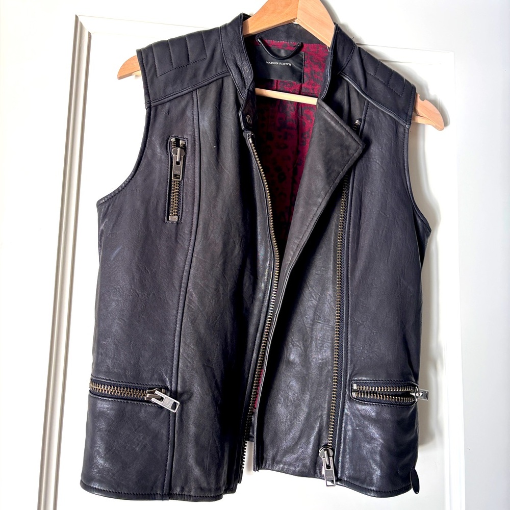 Maison Scotch Lambs Leather Black Biker Vest